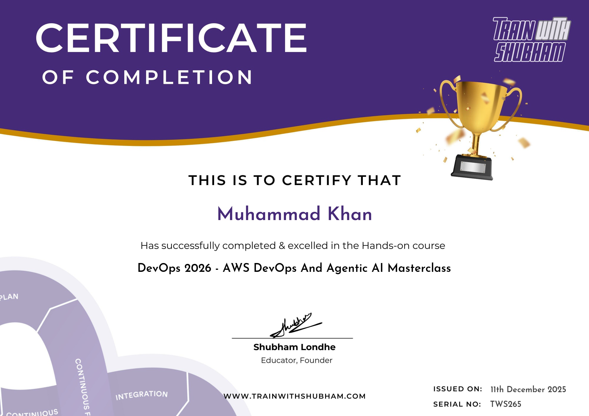 DevOps 2026 - AWS DevOps And Agentic AI Masterclass certificate