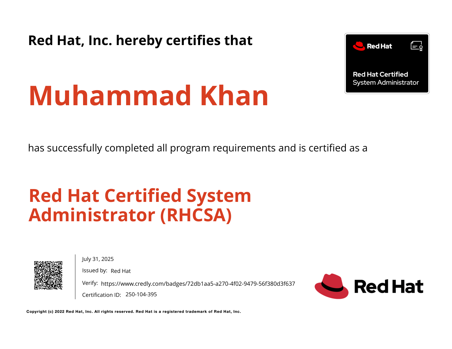 Red Hat Certified System Administrator RHCSA Certificate